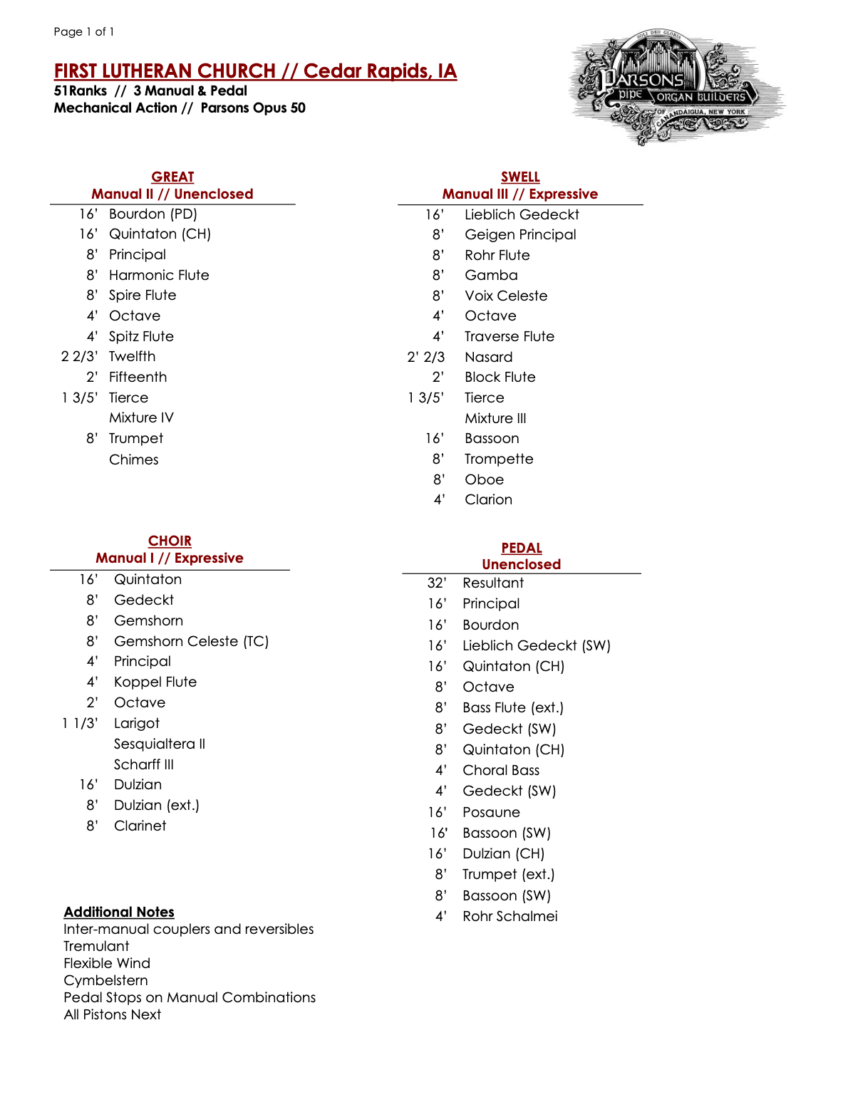 First Lutheran Church Organ Stop List