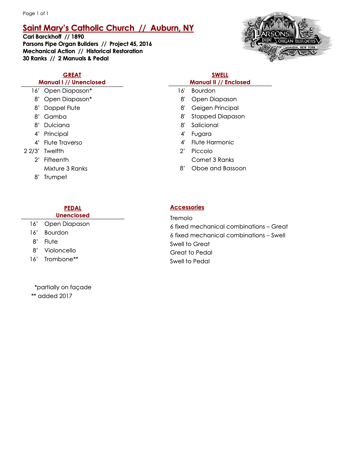 First Lutheran Church Organ Stop List